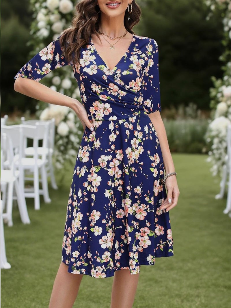 oxiuly Women's Vintage Criss-Cross Necklines Half Sleeve Floral Casual Work Party Cocktail Stretch Swing Dress OX233 (L, Navy Blue F5) - Image 3